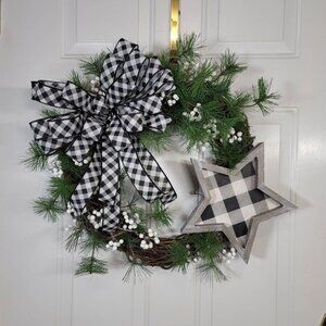 Black/White Buffalo Check Bow w/Star Wreath, Winter Holiday Star Wreath